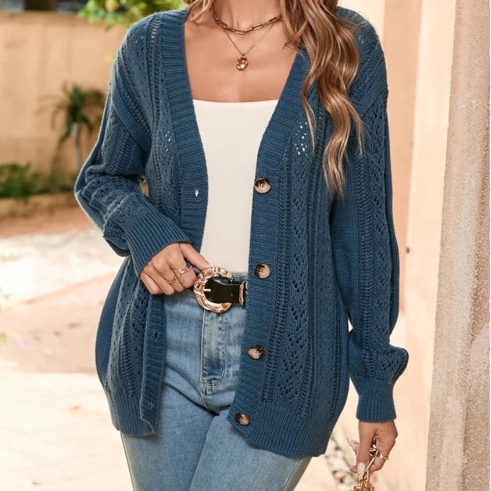 Open Knit Drop Shoulder Cardigan in Teal Size Medium - Picture 2 of 10